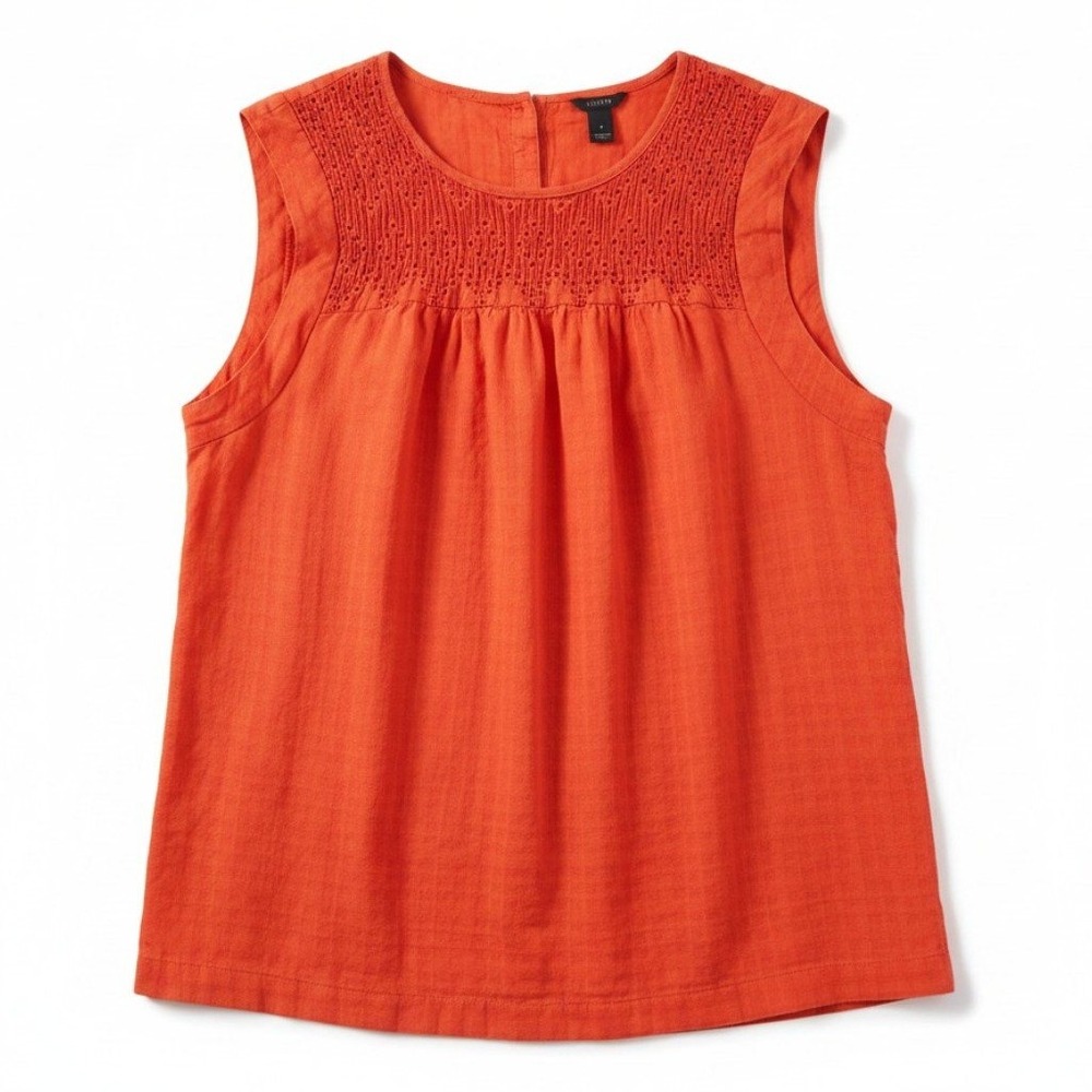 J Crew Shirt Womens 2 Orange Eyelet Embroidered Windowpane Sleeveless Blouse Top